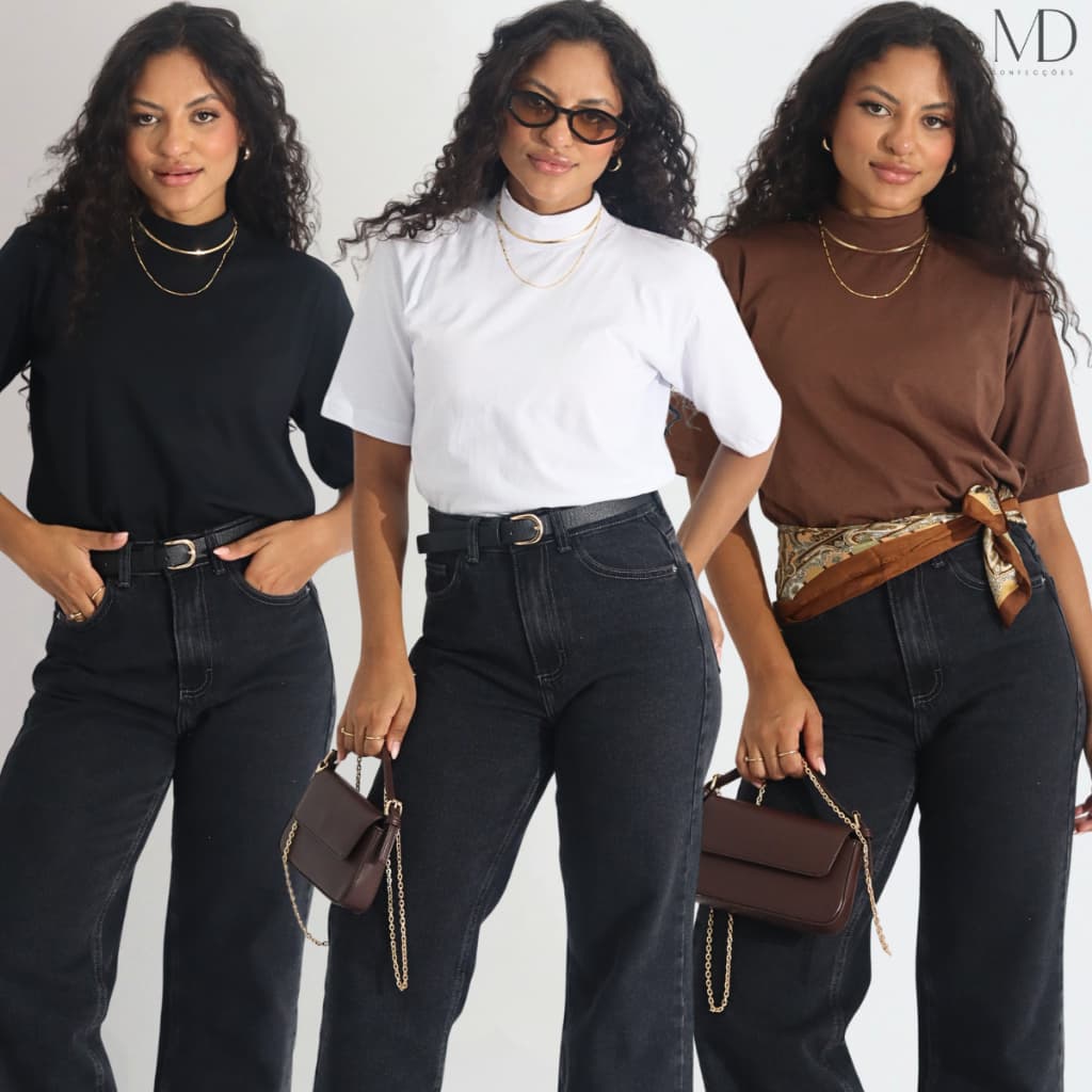 Kit 3 T-Shirt Feminina Blusa Gola Alta Camiseta Manga 3/4 100% Algodão Básica