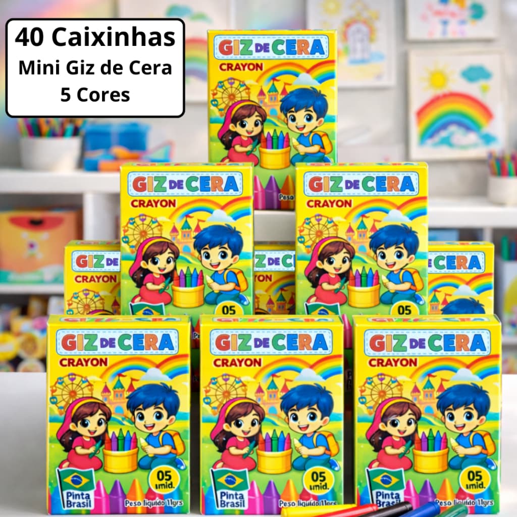 40 Cx Mini Giz de Cera 5 Cores P/ Kit Festa Infantil Lembrancinha Aniversário