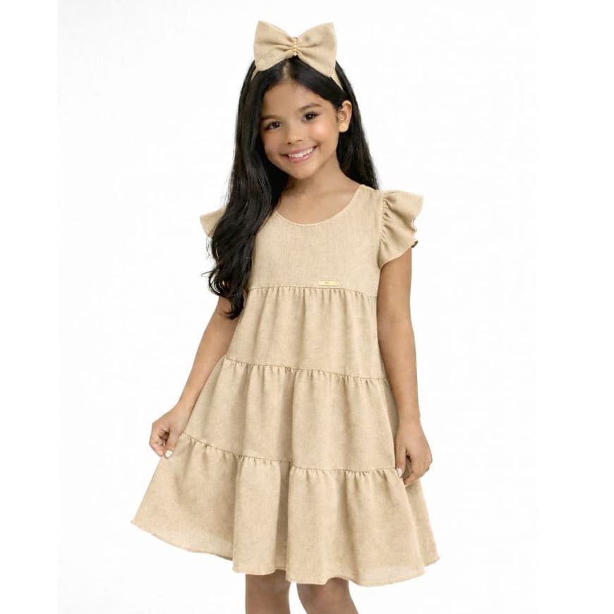 Vestido 3 Marias Infantil Manga Babado Casual Elegante + Laço Para O Cabelo Confortável Moda Menina
