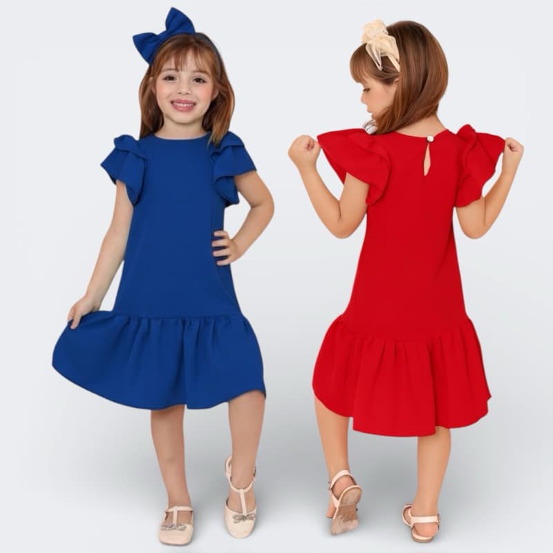 Vestido  Infantil menina Duna Premium Manga Princesa com Babado– Longo - festas- Vermelho,Rosa,verde, azul 2 4 6 8 anos