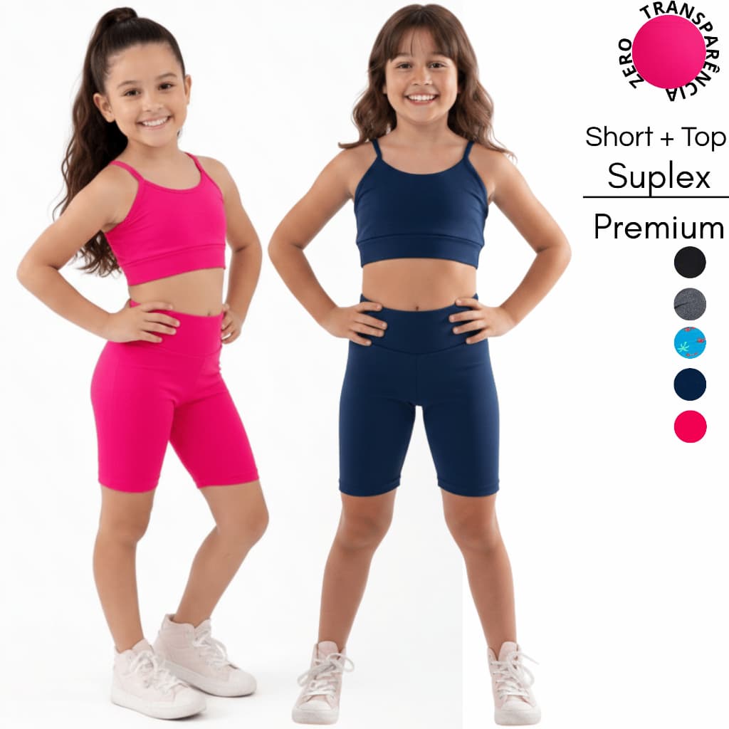 Kit 2 Conjunto Esportivo Infantil Short + Top Alcinha Sem Bojo Suplex Ginástica Esportes Meninas