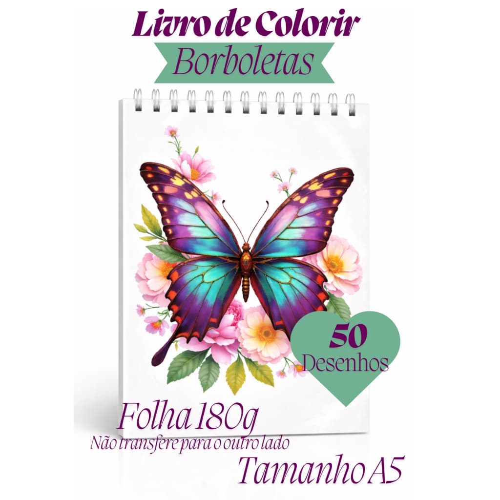 Livro de Colorir Borboletas 50 Páginas 180g Adulto Antiestresse
