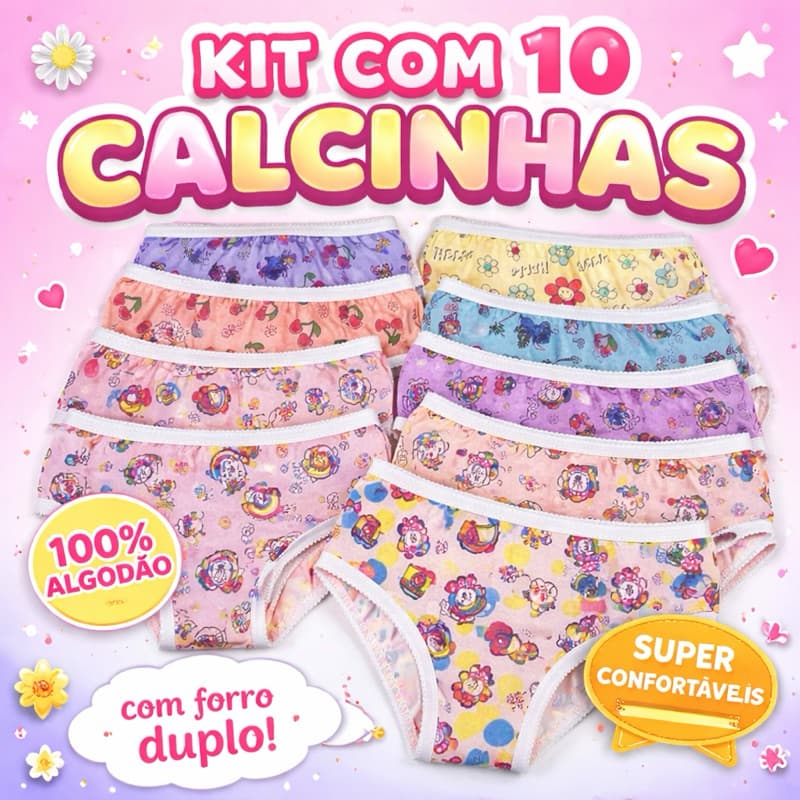 Kit Calcinha Infantil Menina 10 Unidades de Algodao Com Forro Estampada Variadas Confortável Respirável