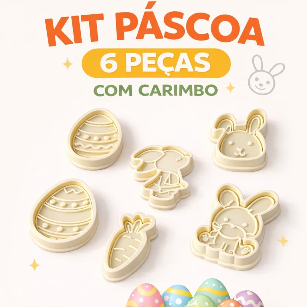 Kit 6 Cortadores e 6 carimbos Pascoa com puxador 6cm - Ovo Coelho Cenoura Biscoito Festa
