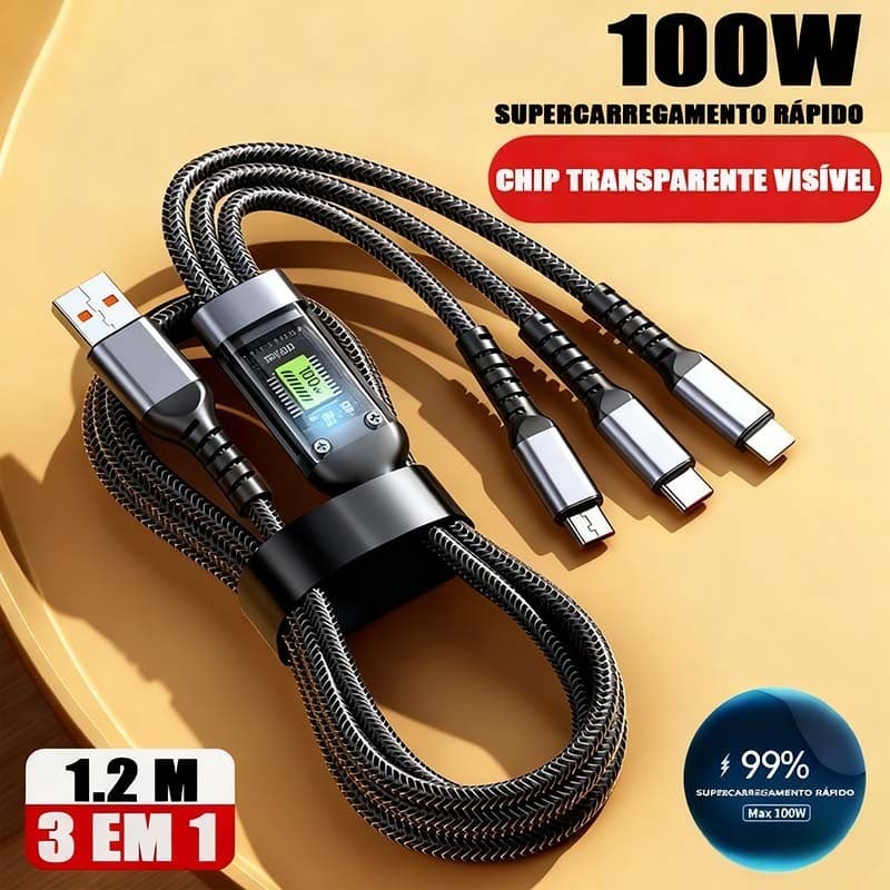Cabo De Carregamento 3 Em 1 De Liga De Zinco 100W 6A Carregador Super Rápido USB-A1