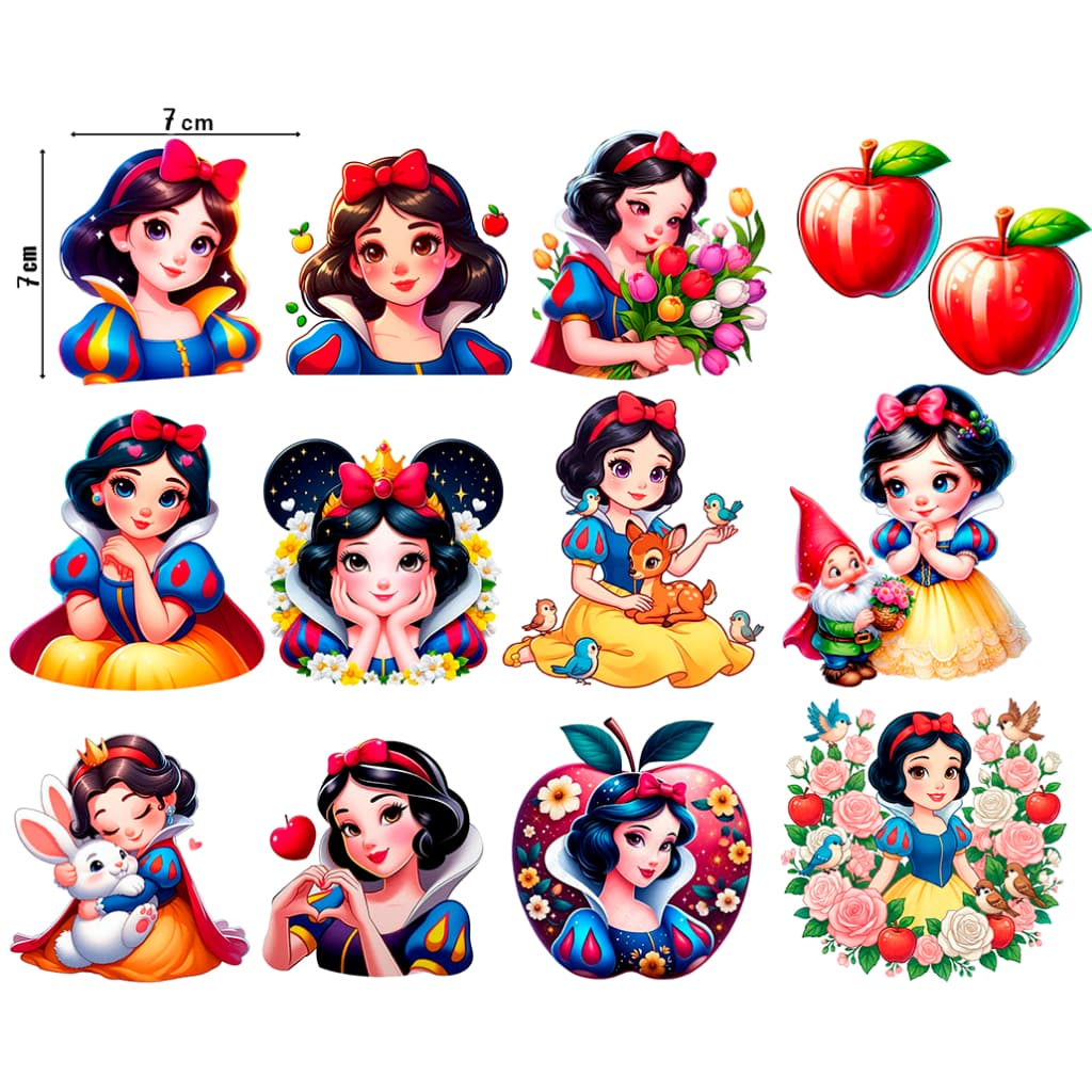 Kit DTF 12 Apliques Princesas Disney 7cm Termocolante Para Roupas Transfer Textil Aplicar em Qualquer Tecido Frozen