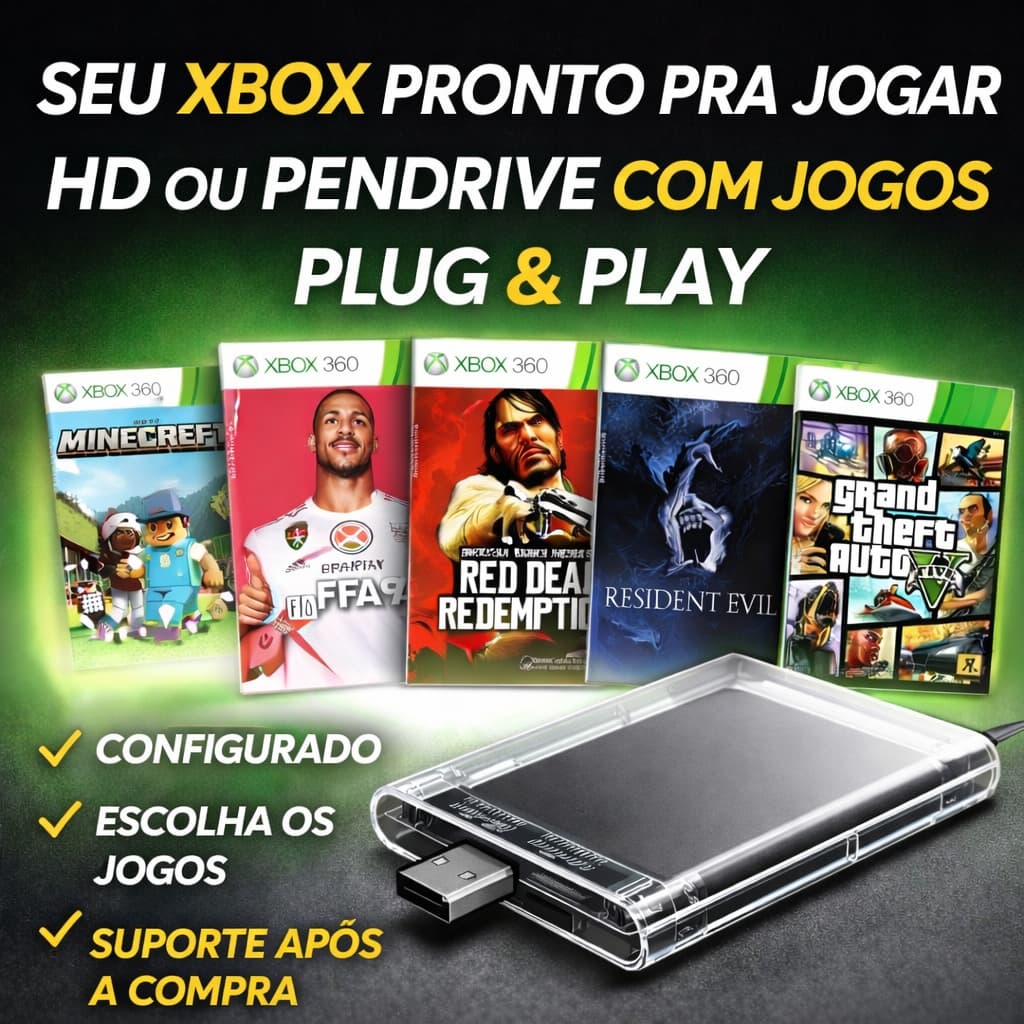 HD EXTERNO XBOX 360 COM JOGOS DESBLOQUEIO PLUG & PLAY COM JOGOS