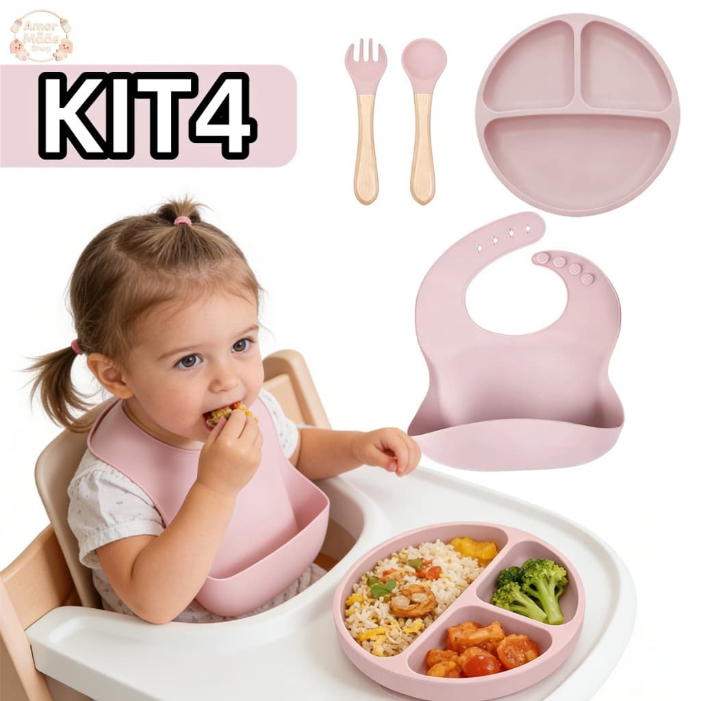4 pçs Kit Prato com Talher Silicone Introdução Alimentar Bebê