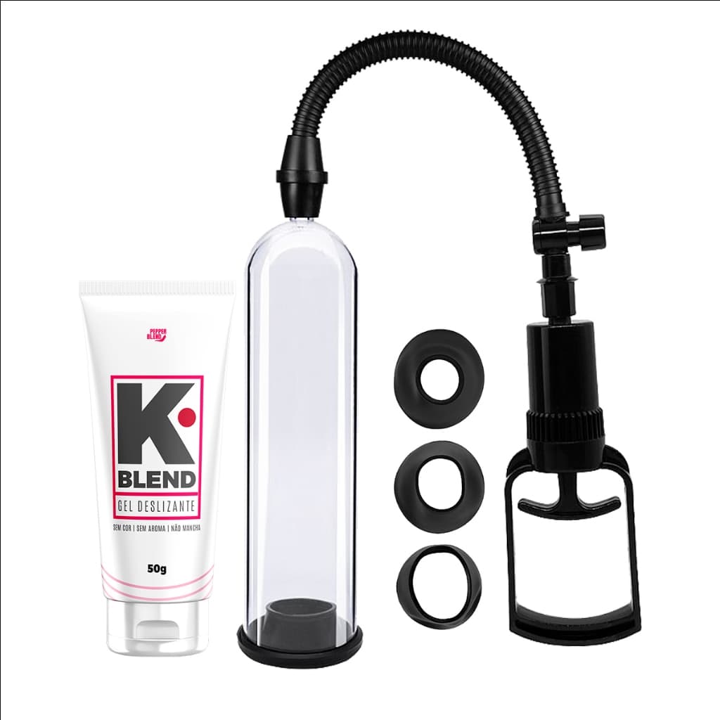 Kit Lubrificante Neutro + Bomba Peniana Exercitador Masculino a Vácuo Manual + 3 Anéis de Retenção