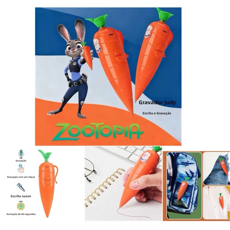 Caneta Judy Zootopia em forma de cenoura com gravador de voz / Caneta 10 cores Zootopia