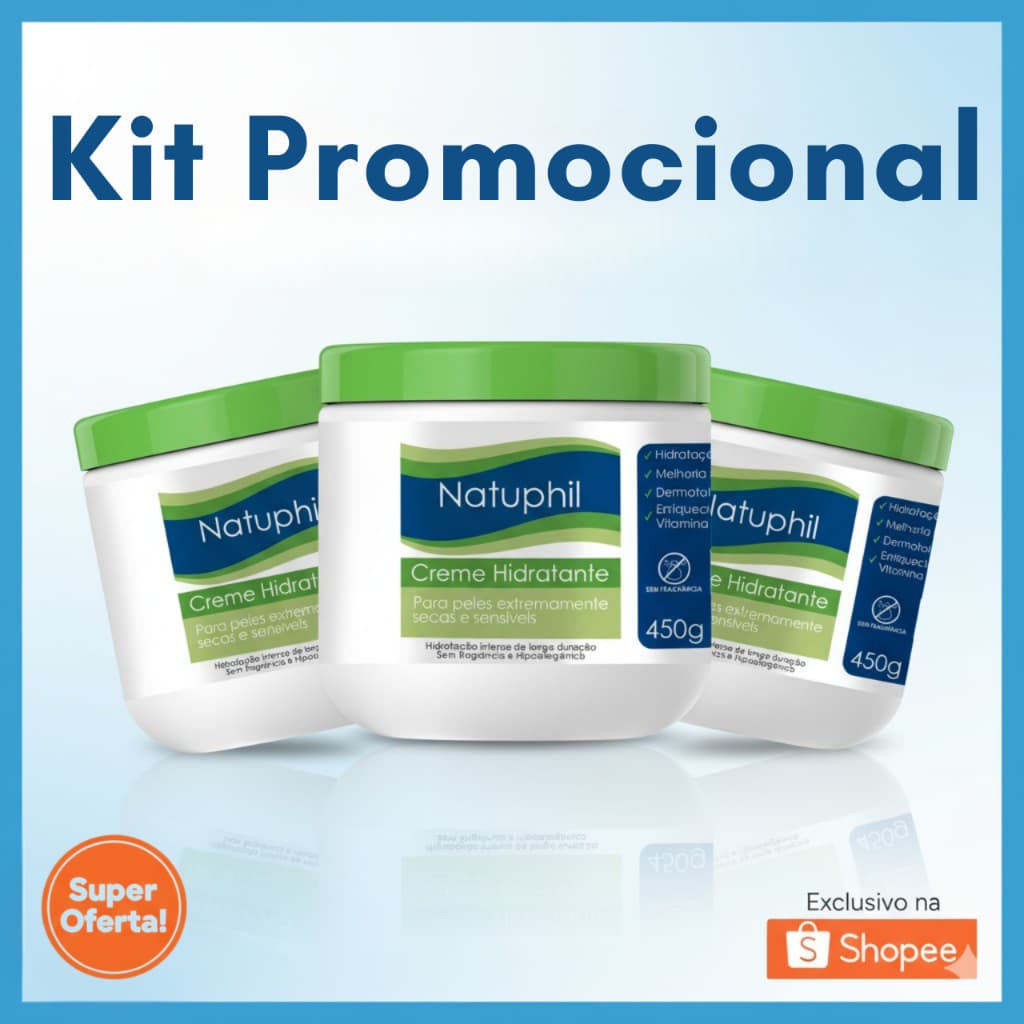 Hidratante Creme Corporal Kit com 3 2 e 1 unid Pele Extra Seca Sensível Sem Fragrância Natuphil 450g
