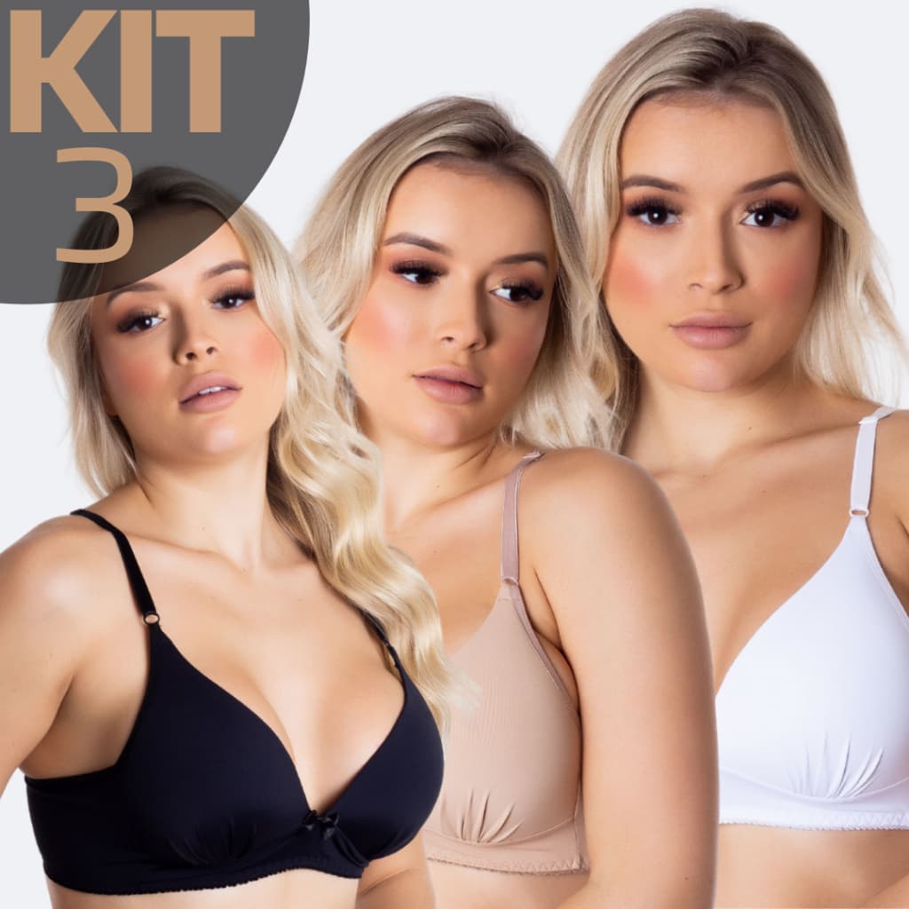 KIT 3 Sutiã Básico Com Bojo Sem Aro Reforçado Microfibra Bojo Soft Molinho Não Amassa Confortável Tecido Poliamida
