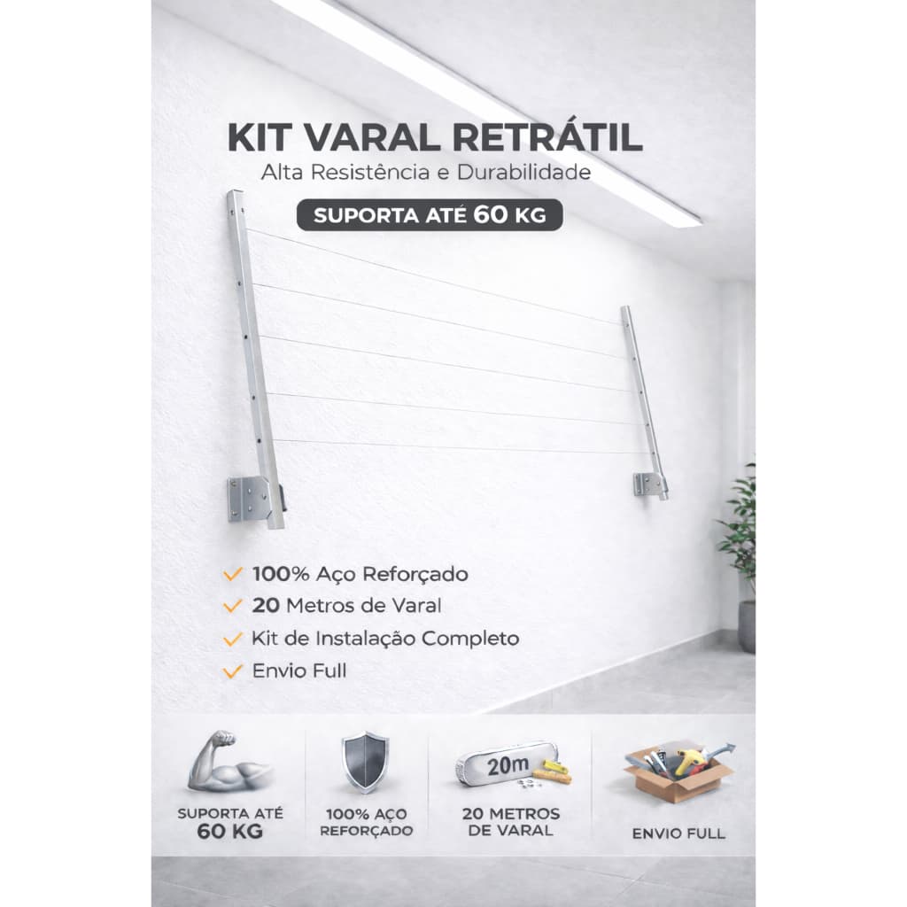 Varal De Parede De Roupa Retrátil Em Aço Dobravél, Cabo De Aço Encapado - ENVIO FULL - SUPORTA 60KG