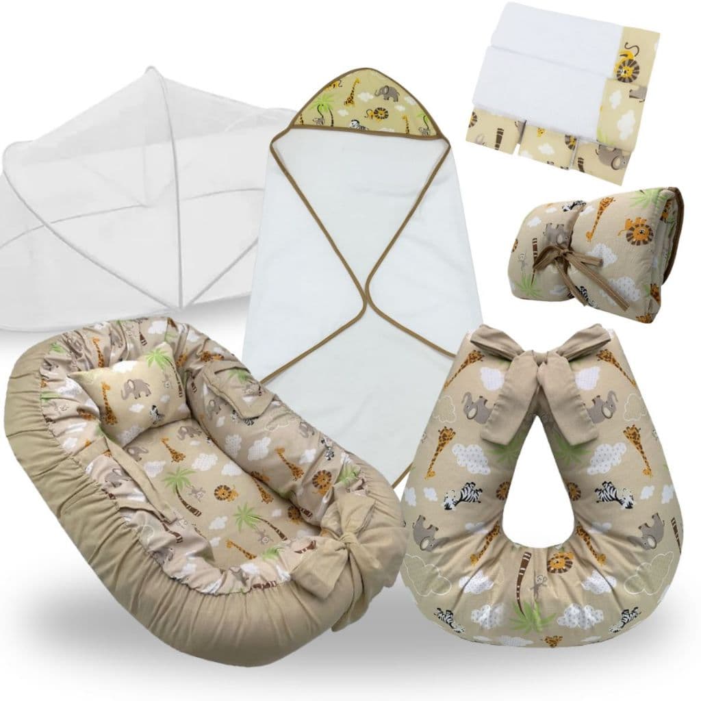 Ninho Redutor Berço Bebe Almofada Amamentação Mosquiteiro Trocador Toalha Banho Fralda Kit Caqui