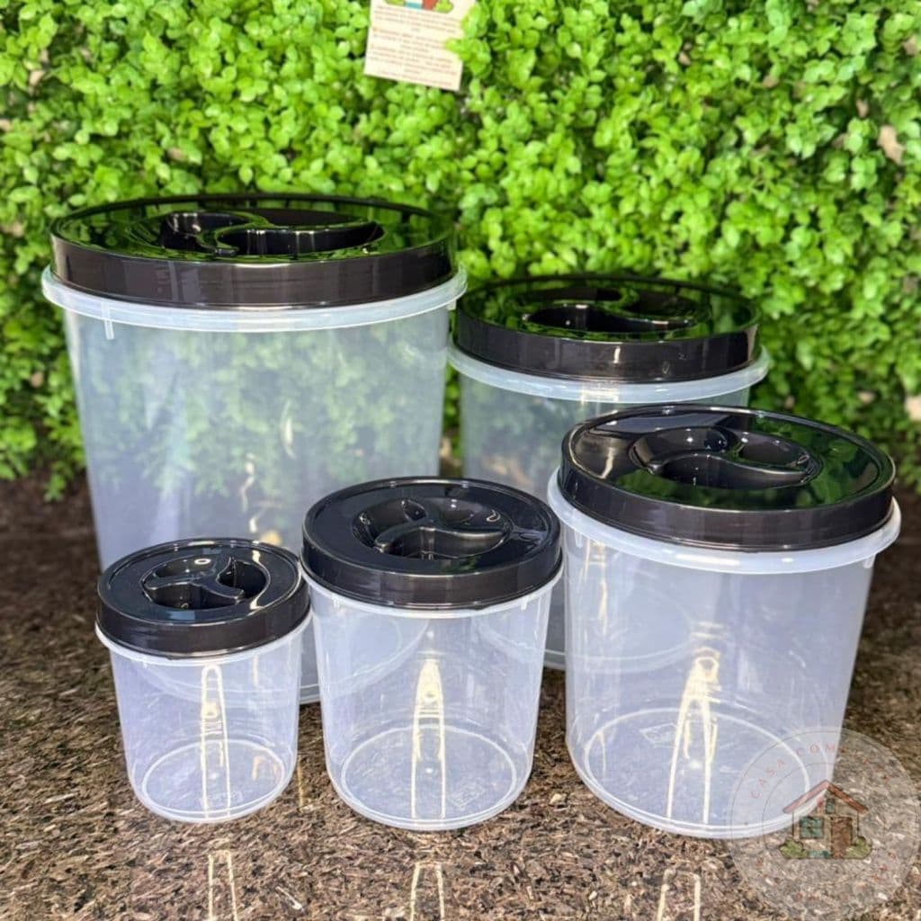 Conj. Mantimento 5 Peças - Tampa C/ Rosca Preto - Transparente Organizador de Cozinha