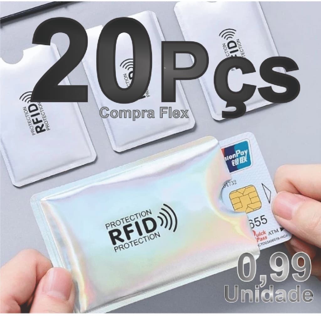 Kit 20 Porta Cartão Prata Anti-furto Capa Protetora Aproximação Contactless RFID NFC Saco Preguiçoso