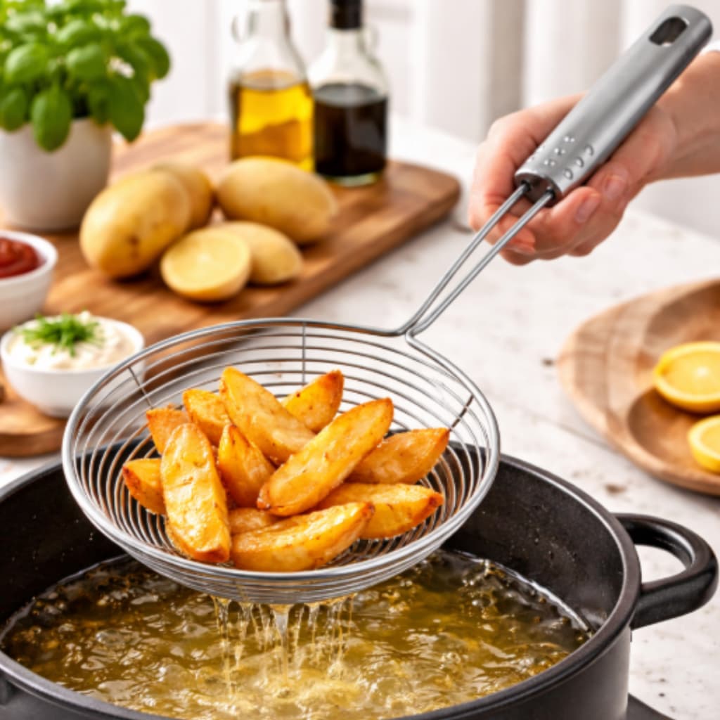 Escumadeira P/ Frituras Peneira Inox Aramada Resistente Pastel Batata Salgados de Cozinha 33x13cm 1 a 2 unidades Premium