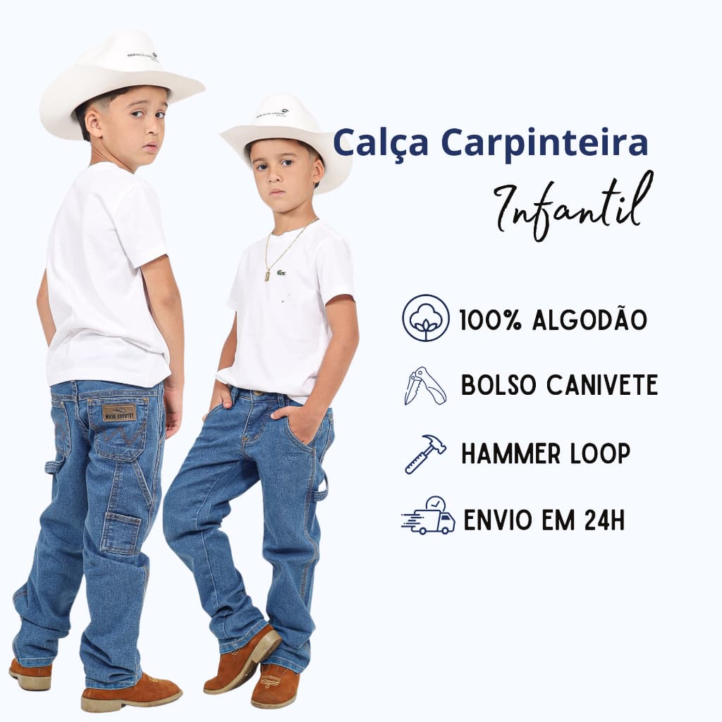 Calça Jeans Masculina Infantil Country Carpinteira Cowboy