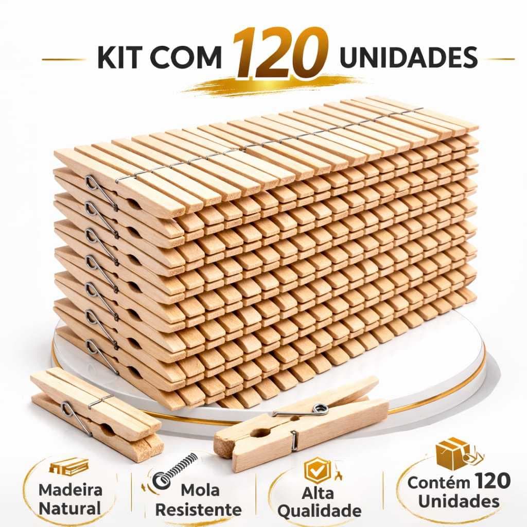 Prendedor de Roupa de Madeira Reforçados Kit com 120 Antideslizantes para Varal