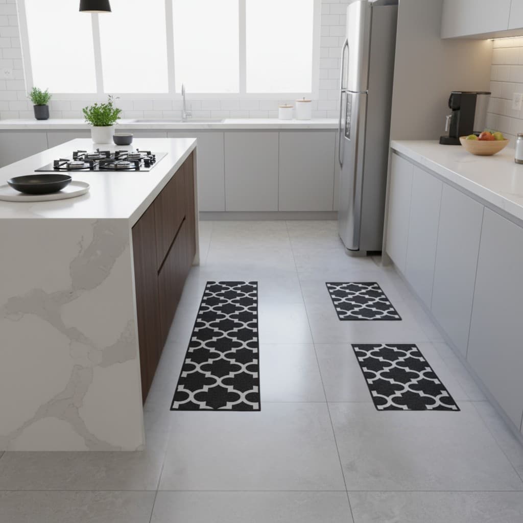 Kit 3 Tapetes Cozinha Jacquard Antiderrapante 2 Porta + 1 Passadeira 1,30m