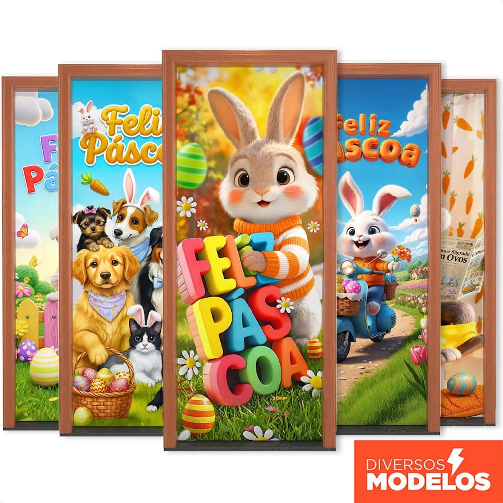 Capa de Porta Decorativa Páscoa 0,80x2,10m Em Tecido Sublimado com Elástico - Vários Modelos