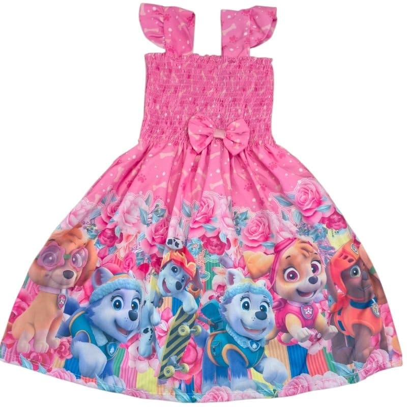 Vestido Infantil Menina Rosa Personagens Patrulha Canina Confortável Leve Para Passeio Festa
