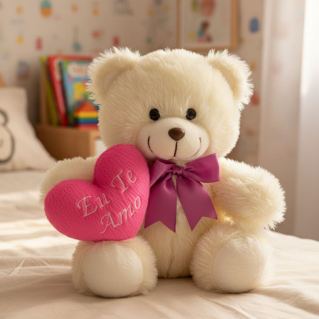 Urso de pelúcia Rosa de 20 cm - com coração bordado e laço de cetim