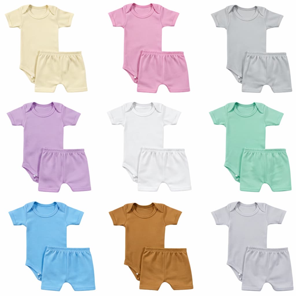 Kit 4 Peças Body Manga Curta verão com Shorts Bebê Menina e Menino Infantil