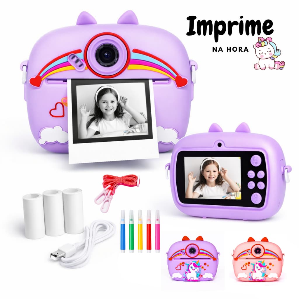 Câmera Digital Infantil com Impressão Instantânea com Papel e Canetinhas Coloridas Imprime na Hora