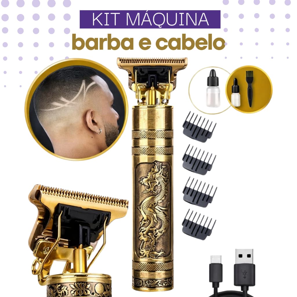 Máquina de Corte Profissional Cabelo e Barba Dragão Recarregável USB + Pentes | Barbeador Elétrico
