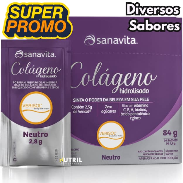 Colágeno Hidrolisado Verisol Sanavita 30 sachês - O melhor p/ Previnir Flacidez da pele e Rugas