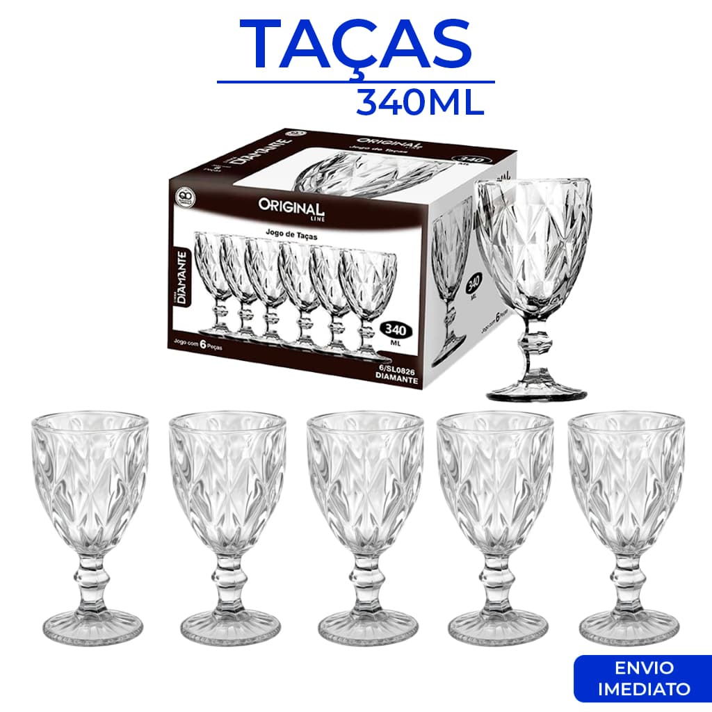 Jogo Taças Vidro 340Ml Diamond Bico Jaca Abacaxi Conjunto Taça Para Água Vinho Tinto Suco Diamante