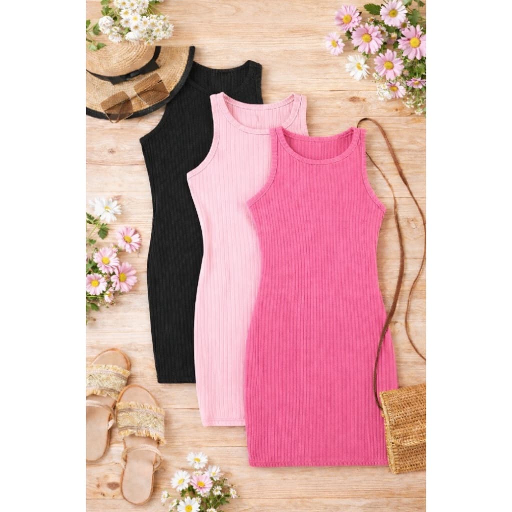 Kit com 3 Vestido Casual Versátil de Malha com Decote Redondo sem Mangas e Ajustado Infantil e Juvenil Midi Para Meninas