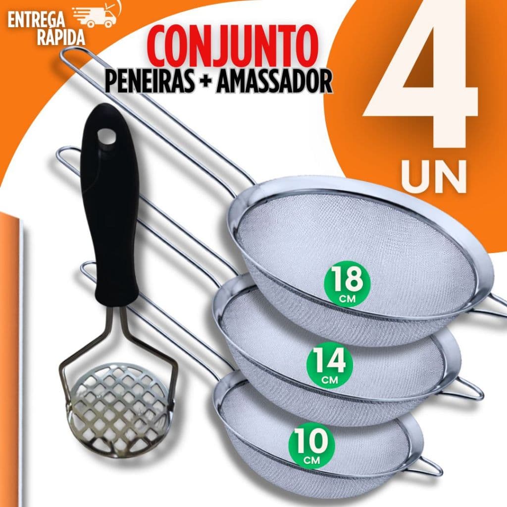 Kit 4 Peneira Coador Em Aço Inox 3 Tamanhos 14cm 10cm 18cm + 1 amassador de batata alta Qualidade