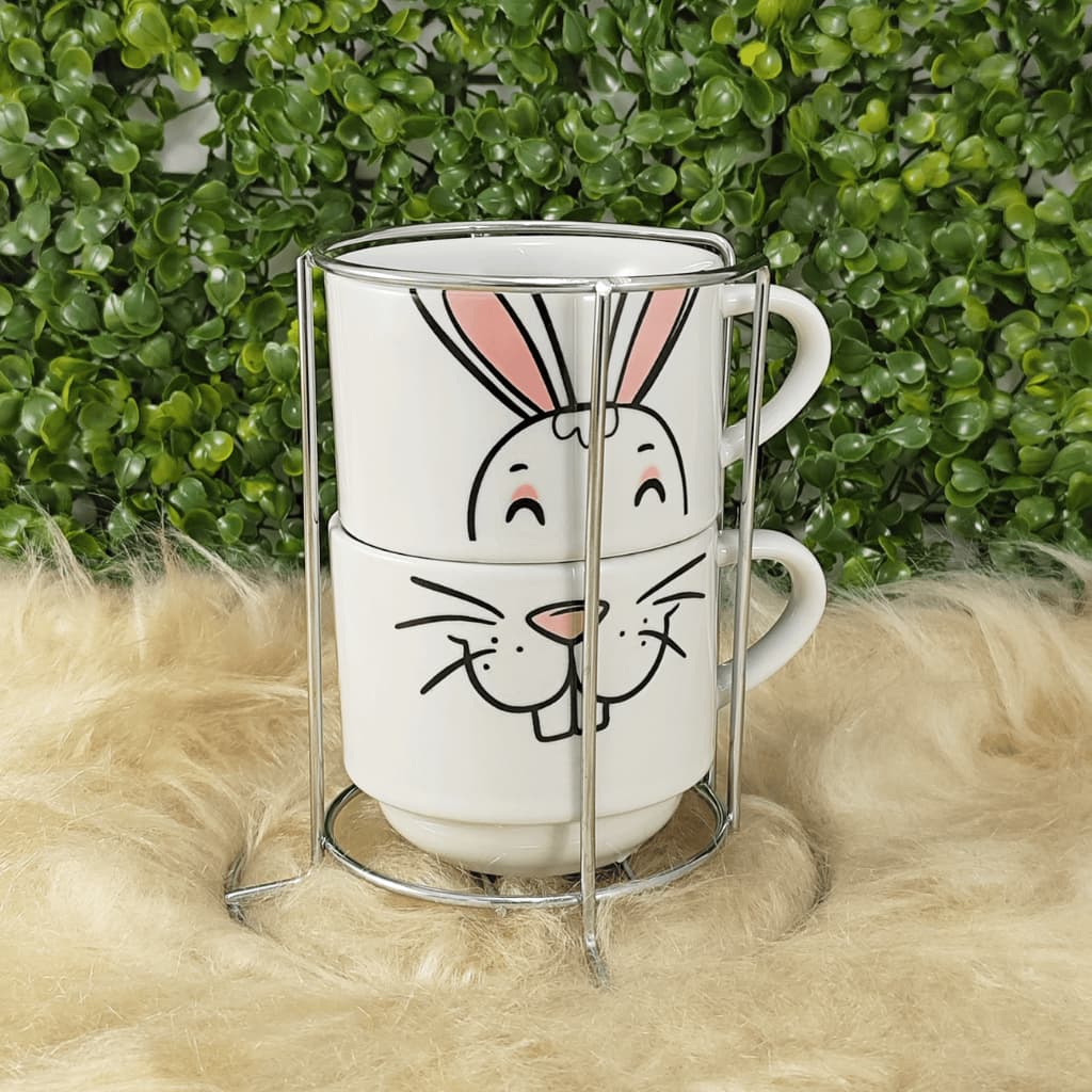 Kit 2 Xícaras Porcelana 210ml  Páscoa com variação cor + Suporte