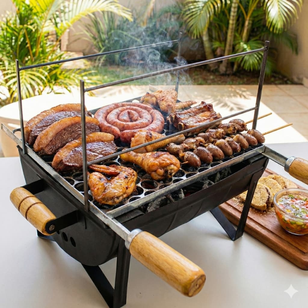 Churrasqueira a Carvão de Mesa Portátil Grelha Inclusa em Aço Carbono 35cm 3 Andares Pequena Preta