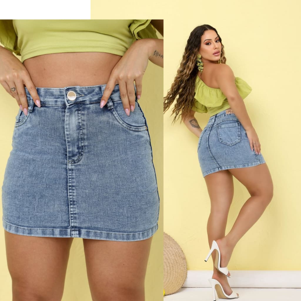 Short Saia Jeans Feminino Com Lycra Empina Bumbum Cintura Alta Premium Moda Blogueira