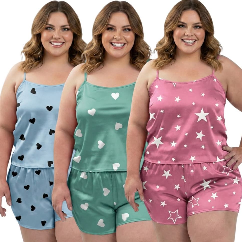 Kit 3 Conjuntos Plus Size Baby Doll Short Doll Estampado Sem Bojo Premium