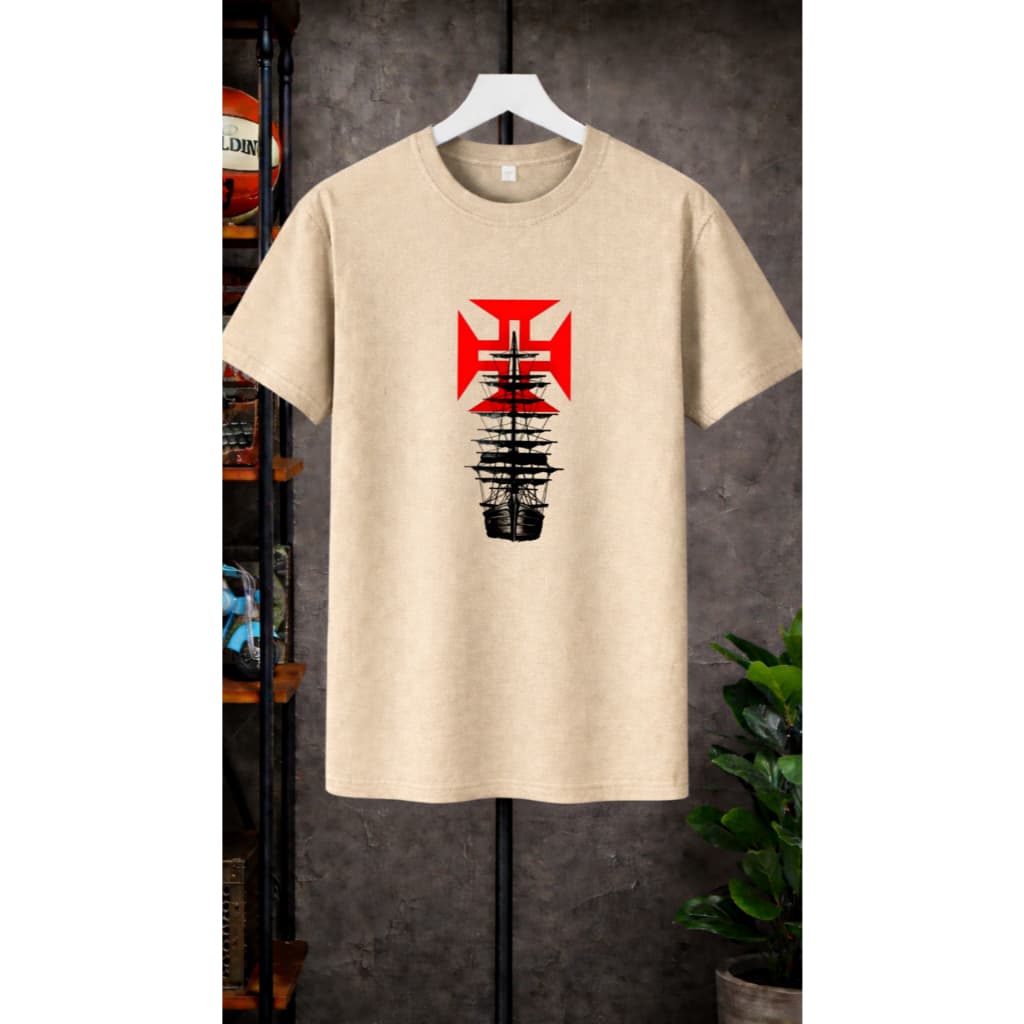 Camiseta Vasco da Gama Unissex  Estampa Navio Retrô Cruz Vermelha Algodão Premium