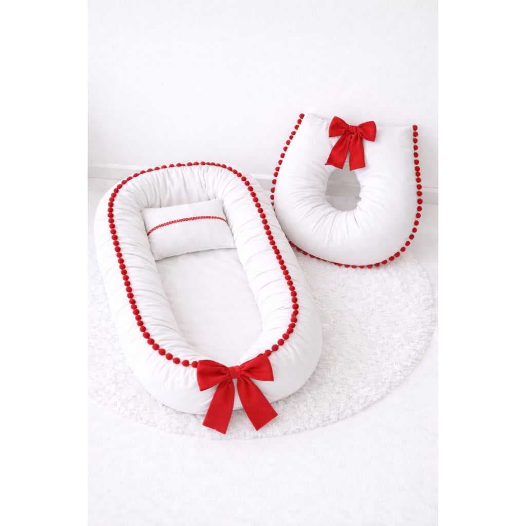 Kit 3 Peça Ninho Redutor de Bebê pompom com Almofada de Amamentação e Travesseiro menino menina