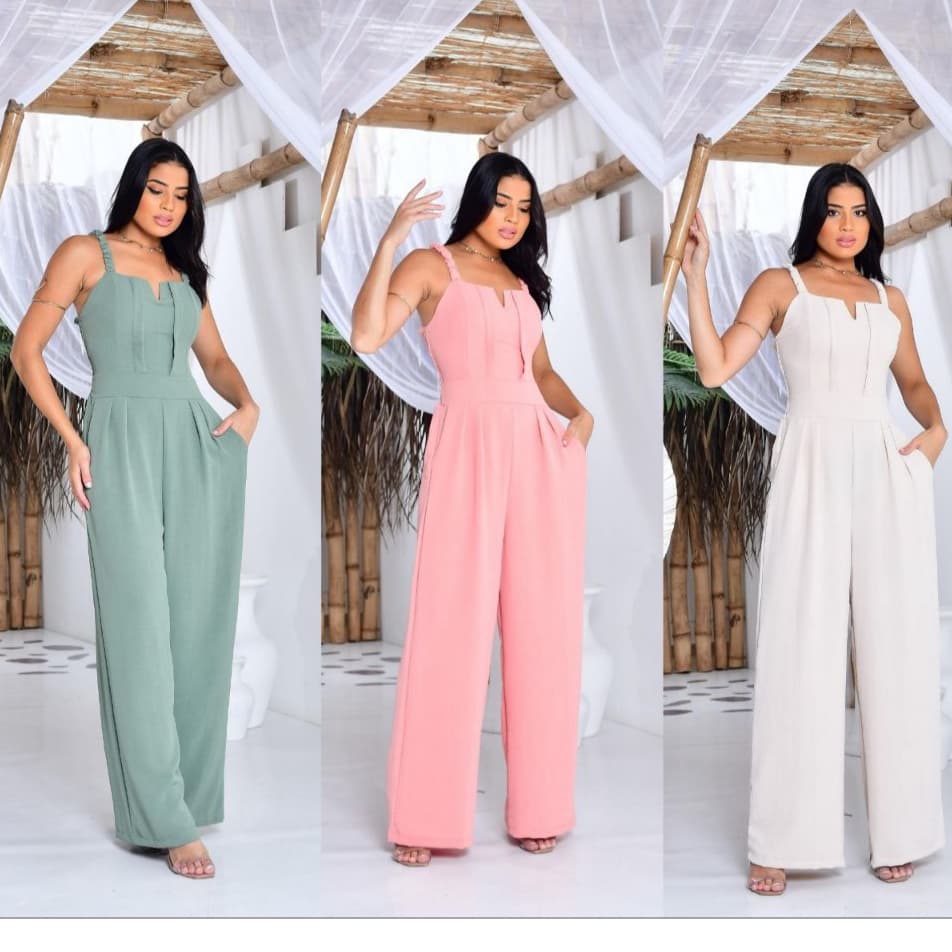 MACACÃO FEMININO LONGO PANTALONA  EM TECIDO DUNA COM LASTEX NAS COSTAS