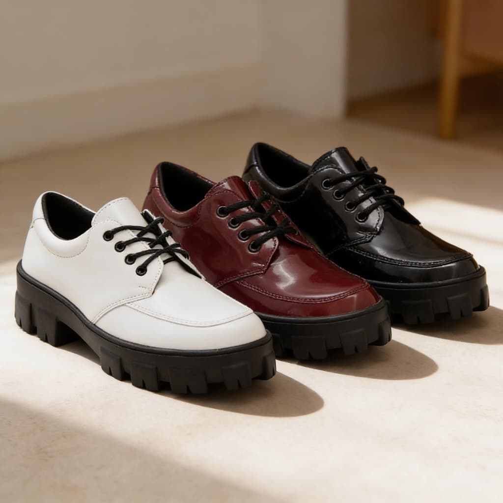 Mocassim Feminino Tratorado Oxford Plataforma Chunky – Preto, Branco e Bordô Verniz – Casual Moderno