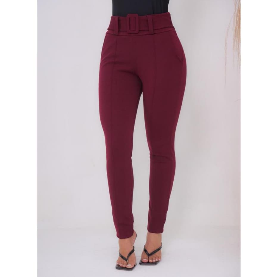 calça leggings tipo social com cinto crepe cintura alta