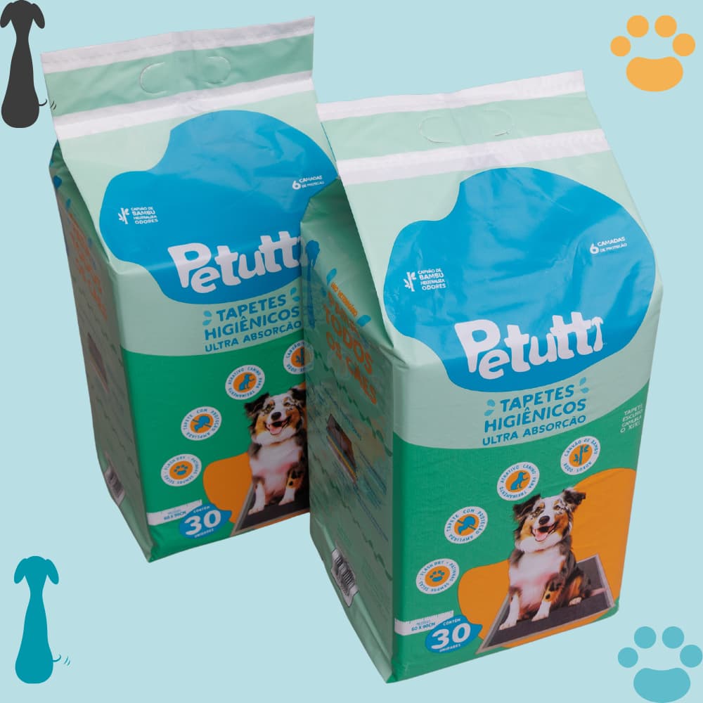 Tapete Higiênico Petutti 90x60cm Kit 2x30un (60un) Ultra Absorvente Cães Grandes Carvão Bambu Antiodor Escuro