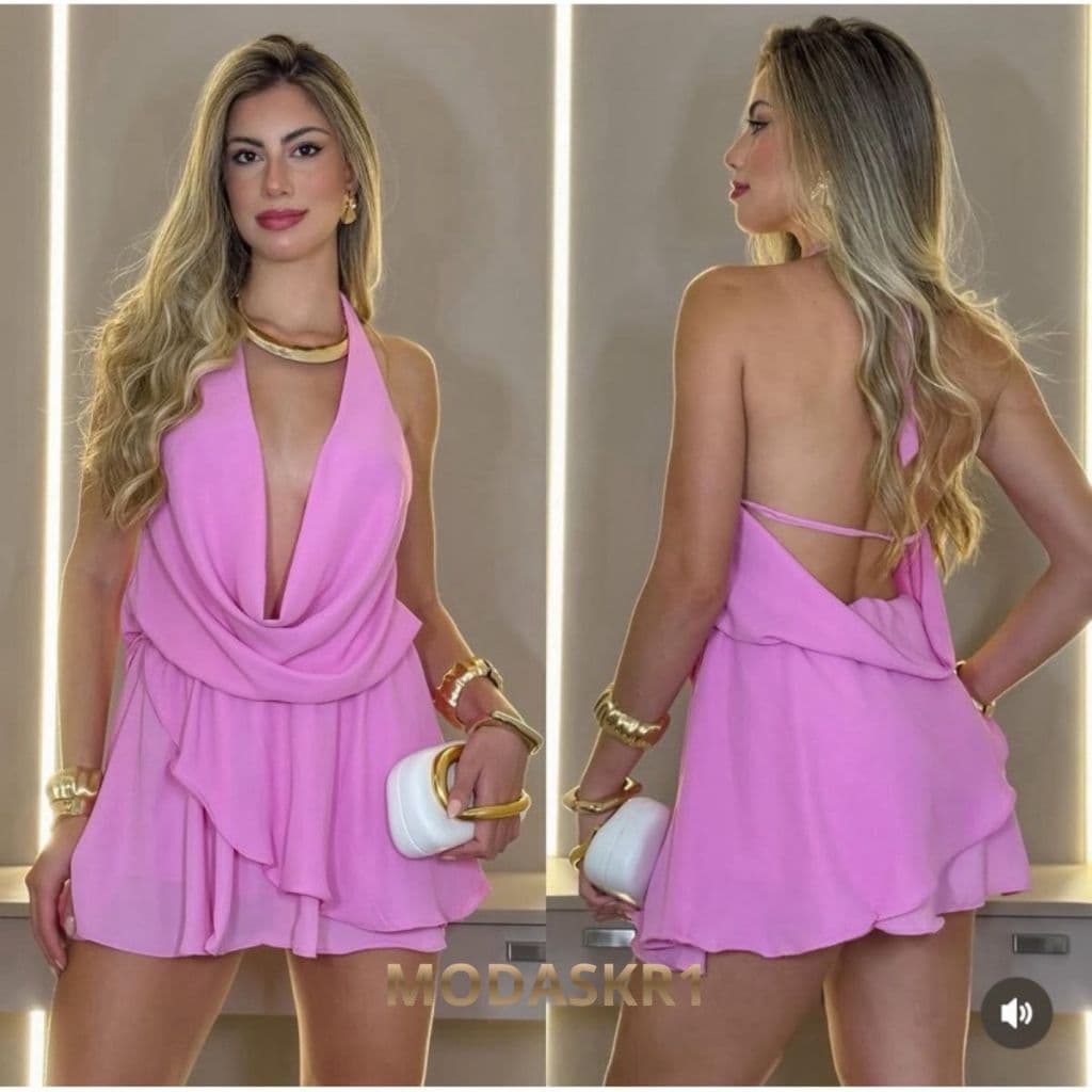 Conjunto Macaquinho Feminino Blusa Decote com Amarração e Short Saia  – Look Elegante, Tendencia Sexy e Moderno