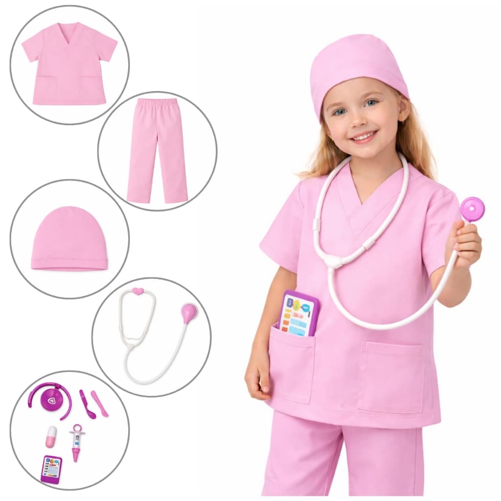 Kit Fantasia Médica Infantil Criança Enfermeira Uniforme Laboratório Rosa Menina Festa Aniversário Halloween Cosplay