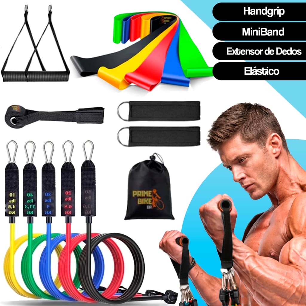 Kit Treino Em Casa 11 Extensor Elástico + Kit 5 Mini Band + Extensor dedos + Hand grip