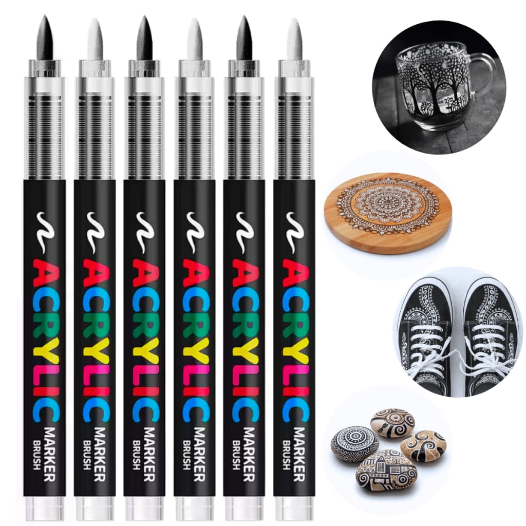 Caneta Acrílica Marcadora Permanente Preto Branco Pincel Líquida Cor Vibrante Brush Desenho Pintura