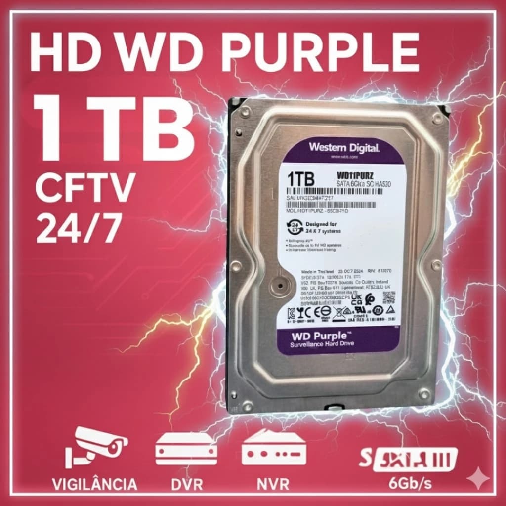 HD 1TB WD Purple WD10PURZ 3.5” SATA Para DVR CFTV Segurança Vigilância 24/7 Novo c Nota Garantia