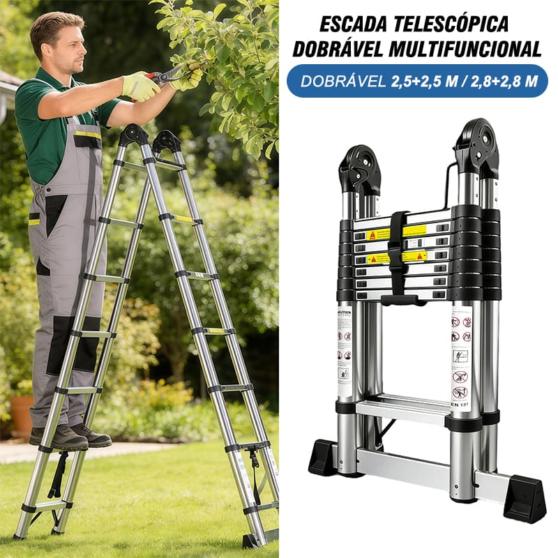 Escada Telescópica Articulada Multifuncional 2.5+2.5M/2.8+2.8M De Aço Inoxidável Escada De Pessoa Dobrável